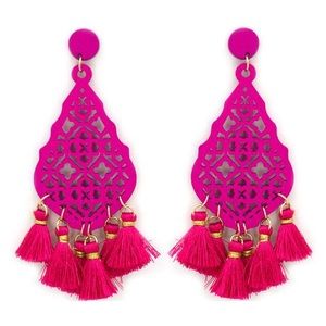 Fuchsia wood tangier teardrop tassel earrings